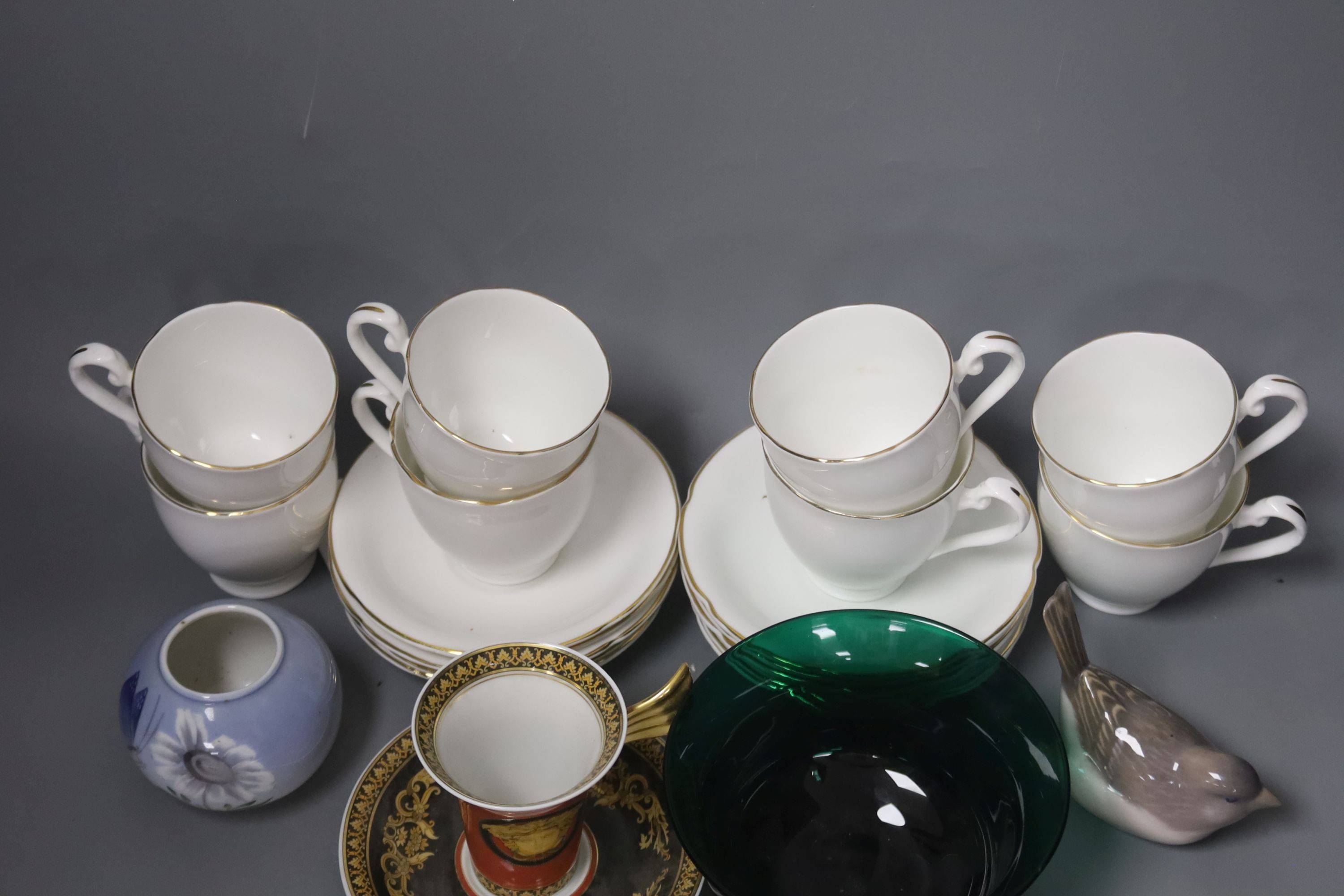 A Chinese Beijing green glass bowl, a Rosenthal Versace cup and saucer, a Royal Copenhagen squat pot and bird etc (5)